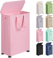 Slim 75L Pink Laundry Hamper with Lid & Wheels – Tall Rolling Basket for Small S