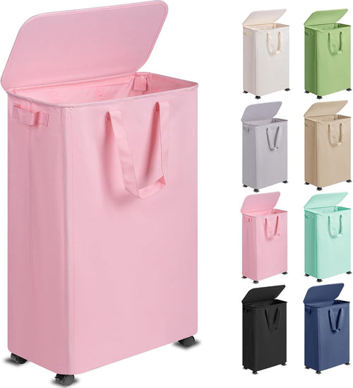 Slim 75L Pink Laundry Hamper with Lid & Wheels – Tall Rolling Basket for Small S
