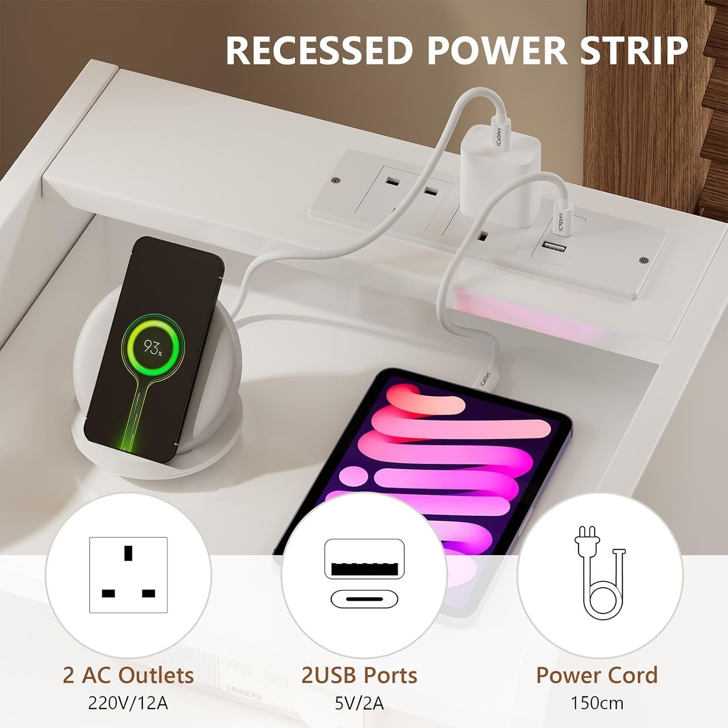 White Bedside Table with Charging Station – Modern Nightstand w/ Drawers & LED S