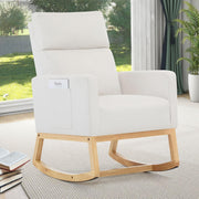 Linen Rocking Chair for Adults with High Back, Pockets & Wood Legs, Ivory