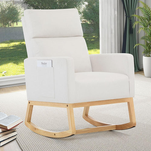 Linen Rocking Chair for Adults with High Back, Pockets & Wood Legs, Ivory