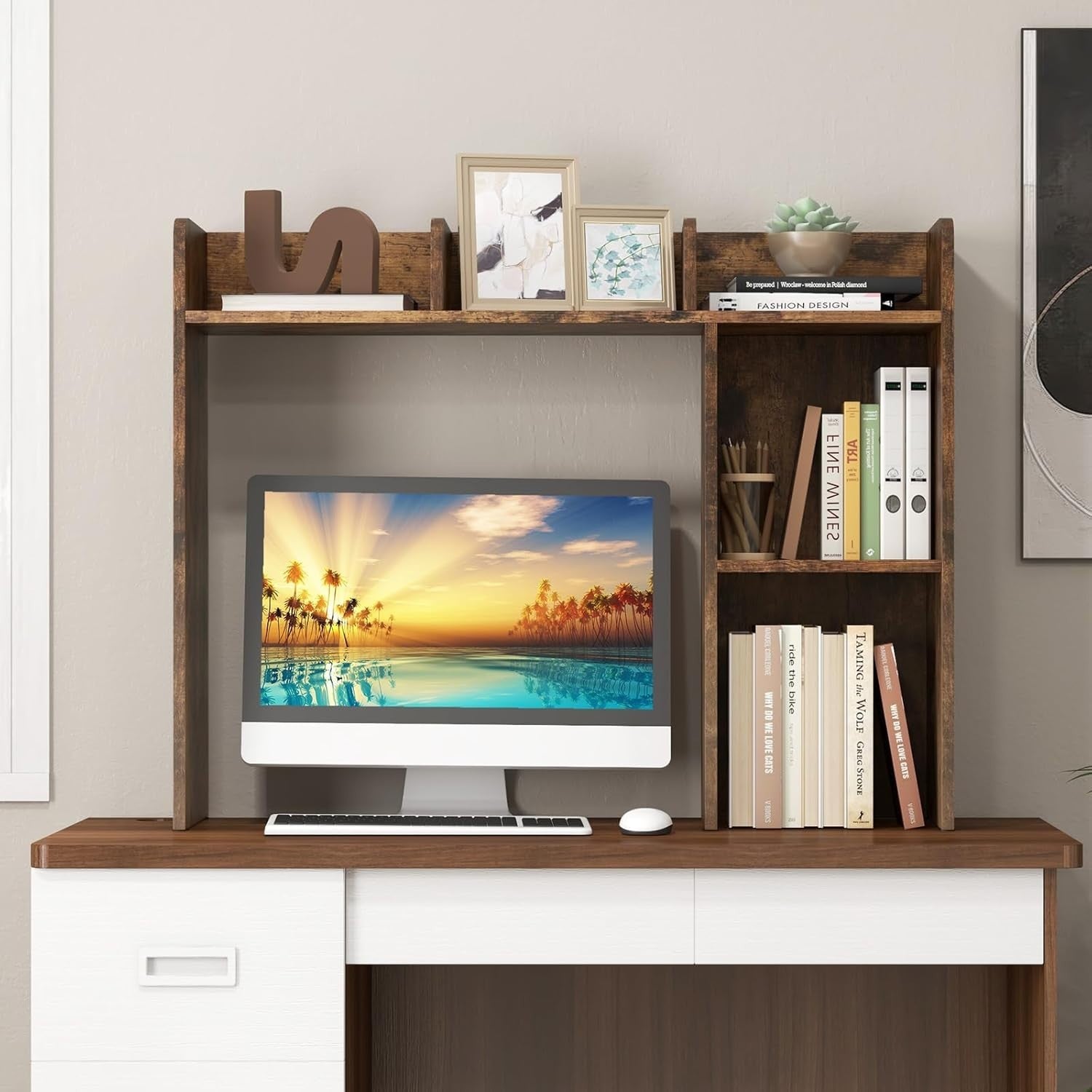 Brown Desktop Bookshelf 3-Shelf Storage Hutch Organizer Rack 94cm