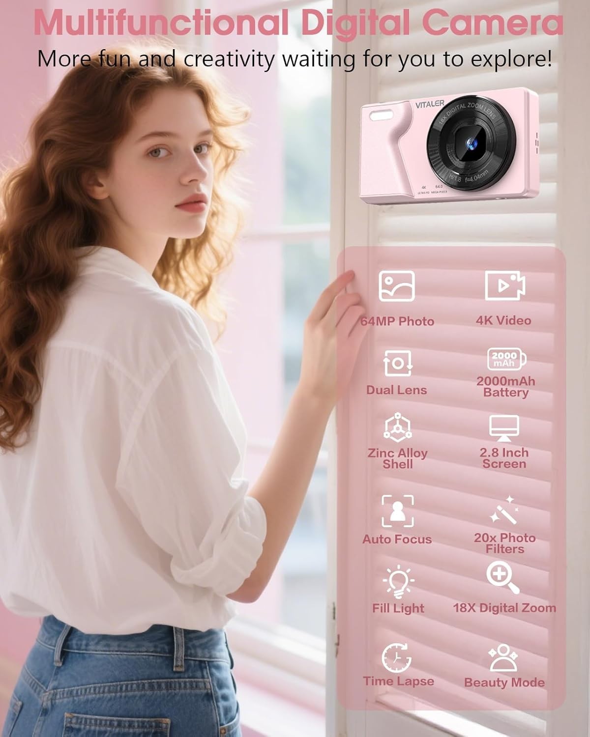 4K 64MP Digital Camera Dual Lens Compact Camera 18X Zoom Pink USB-C