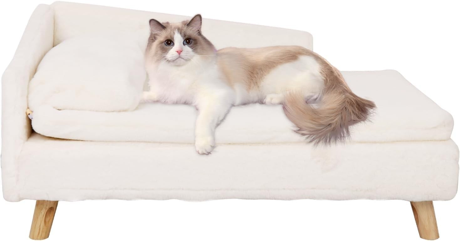 Elevated Dog Sofa Bed L Shaped Pet Lounger Plush Cushion Wooden Legs