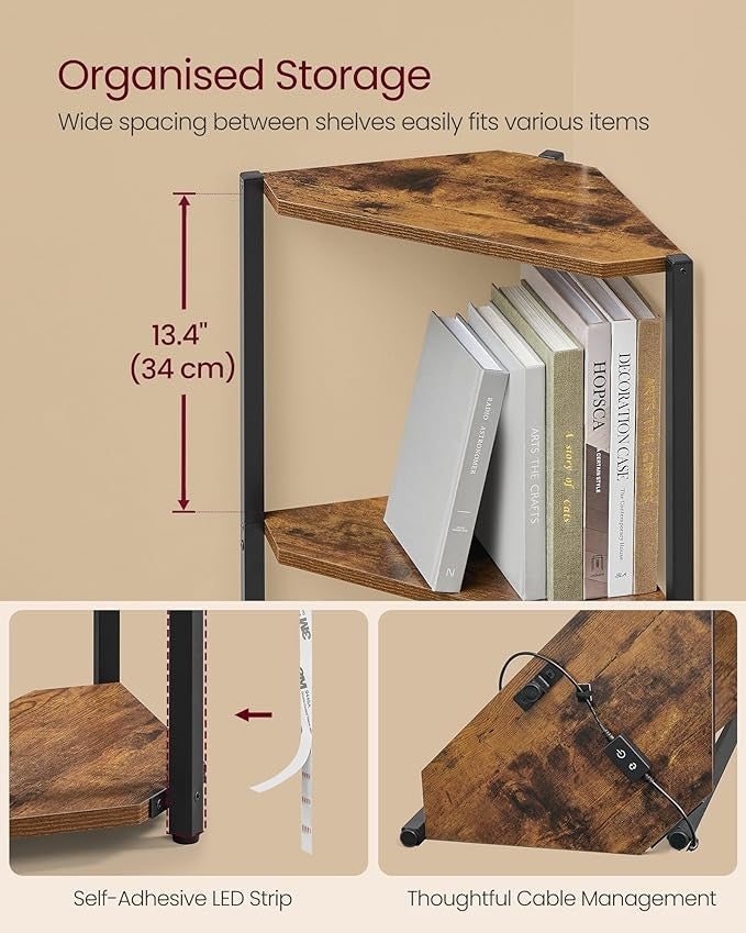 5-Tier LED Corner Shelf Unit Rustic Brown | Slim Space-Saving Display Bookcase