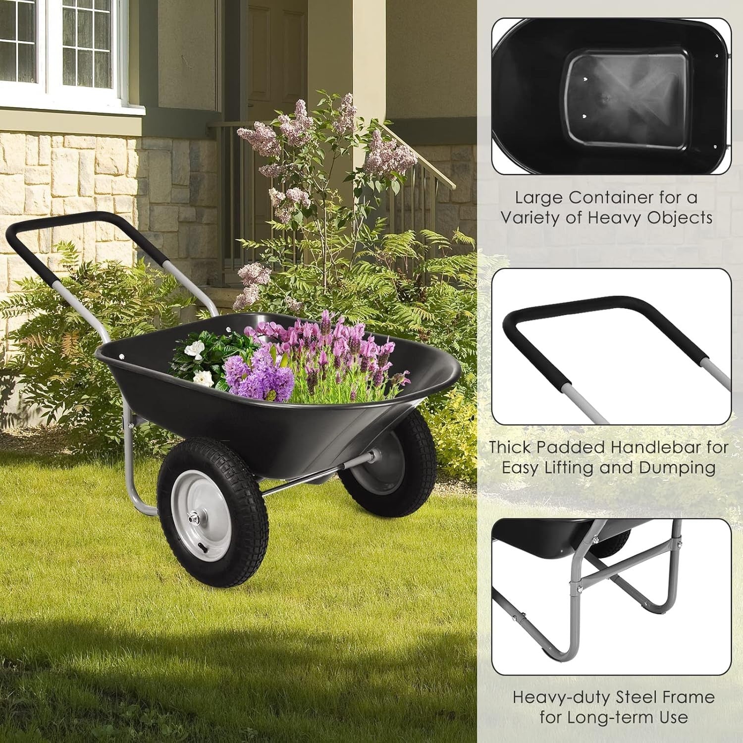 150kg 2-Wheel Garden Black Wheelbarrow – Pneumatic Tyres Heavy Duty Steel Frame