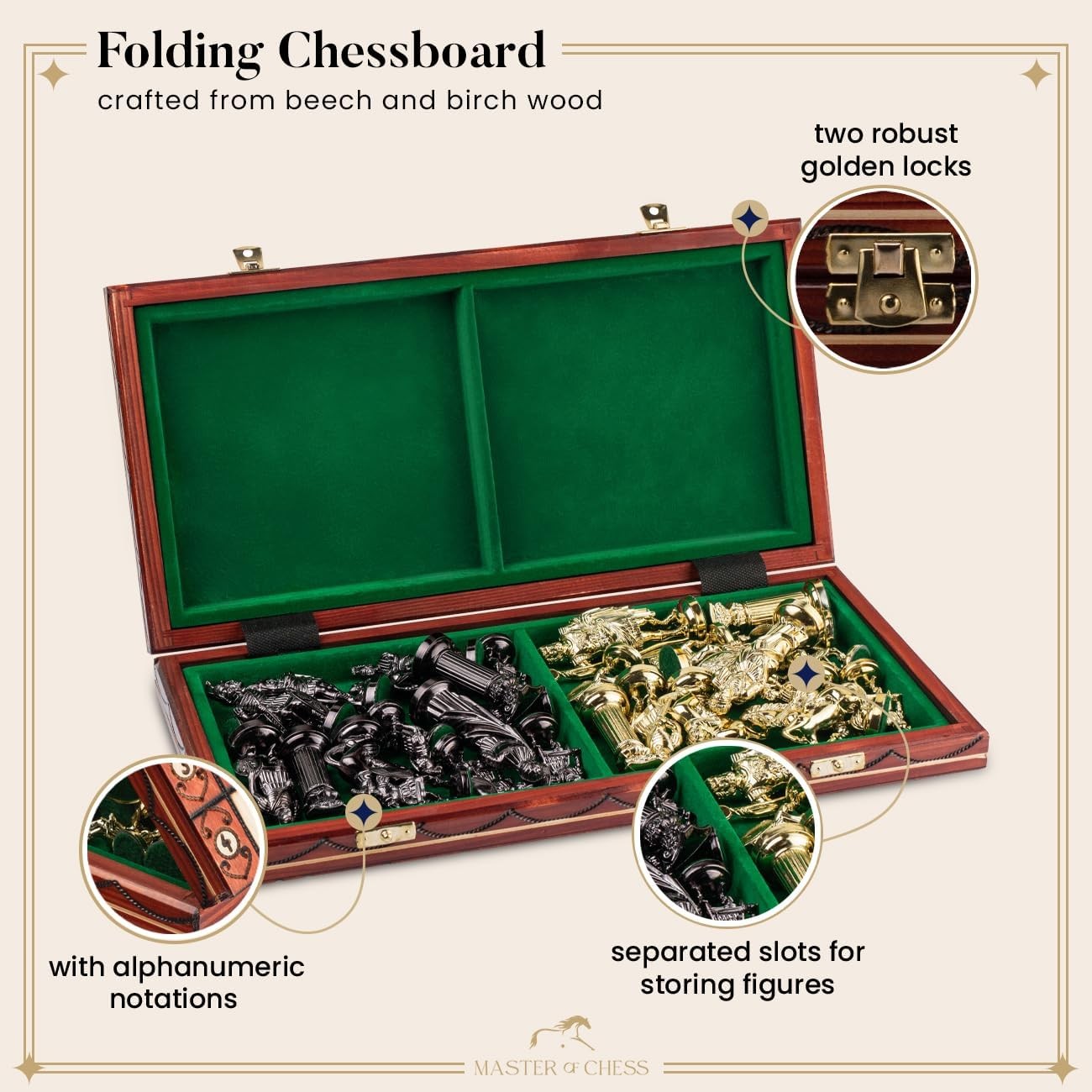 16" Luxury Spartan Chess Set Weighted Chrome Pieces & Inlaid Wooden Board