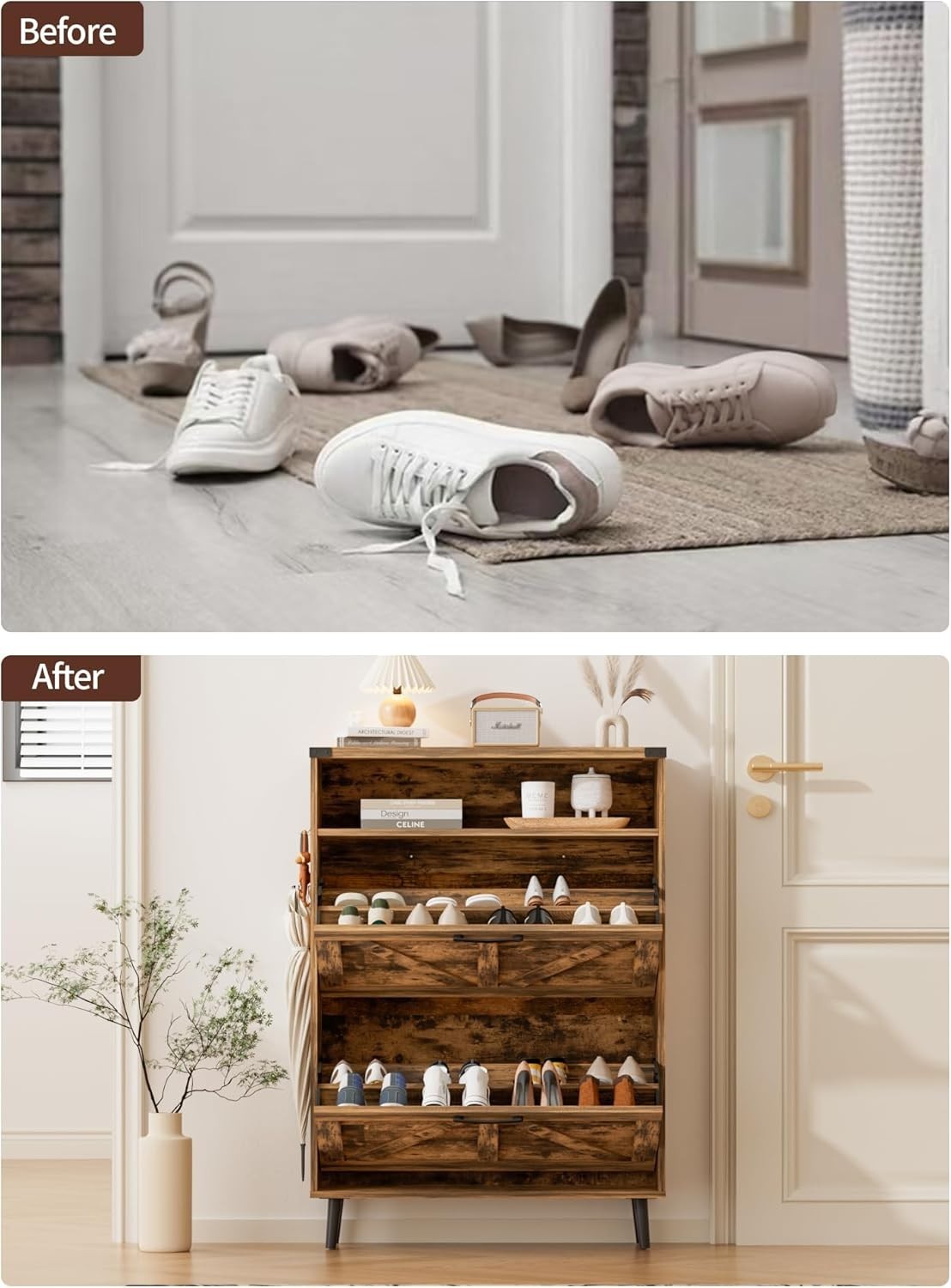 Slim Shoe Cabinet with 2 Flip Drawers & Adjustable Shelves, Narrow Storage
