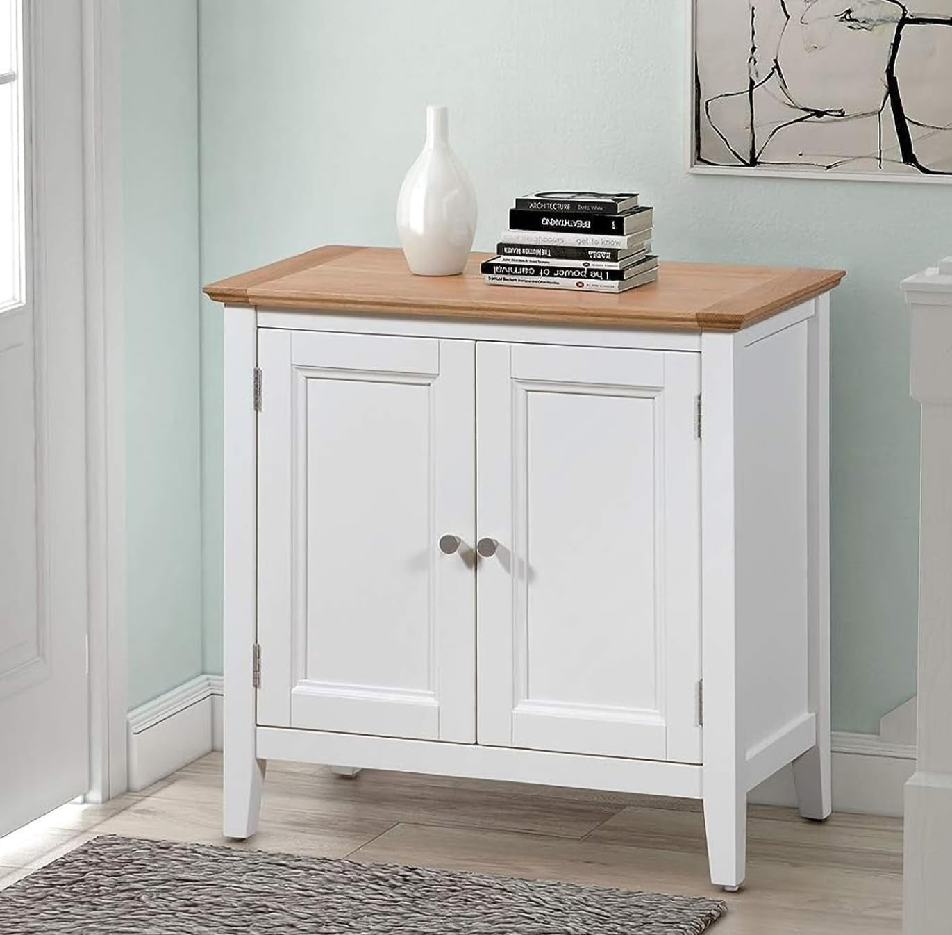 Small White Wooden Storage Cabinet with Oak Top Cupboard for Hallway