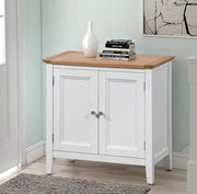Small White Wooden Storage Cabinet with Oak Top Cupboard for Hallway