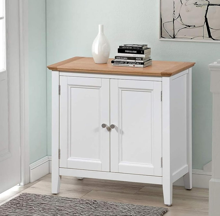 Small White Wooden Storage Cabinet with Oak Top Cupboard for Hallway