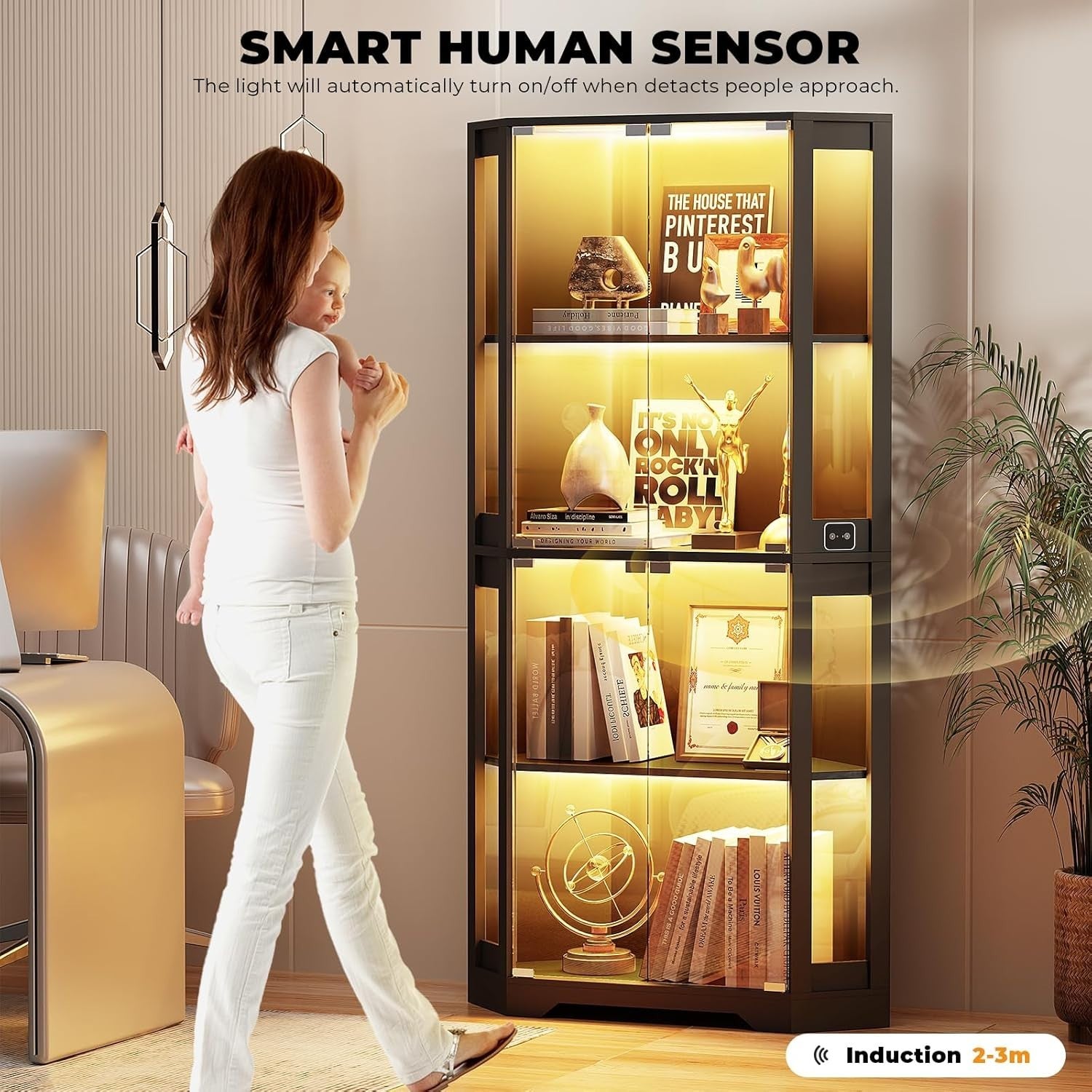 Large Corner Display Cabinet with LED Lights & Human Sensor, 4-Tier, Dustproof