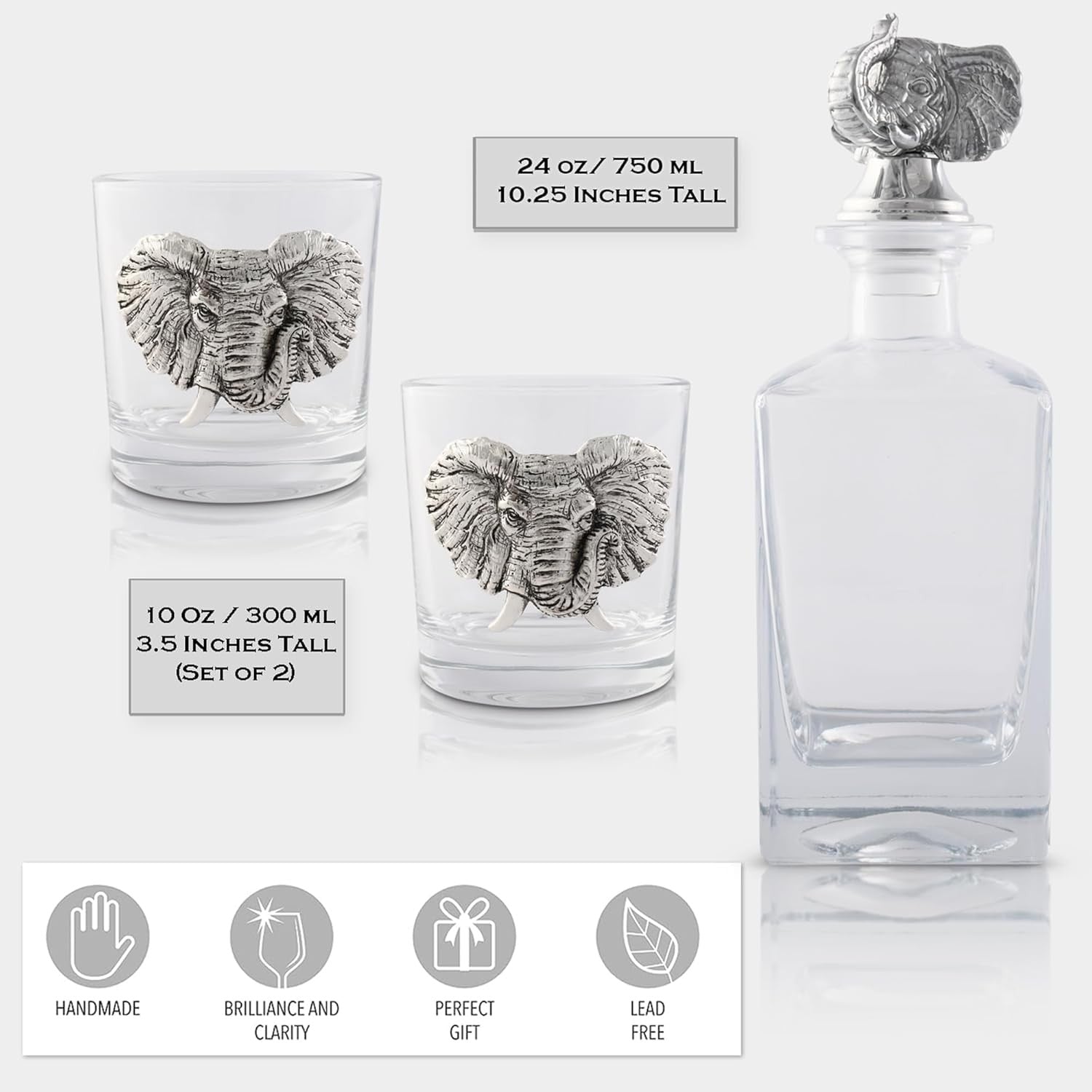 Luxury Elephant Decanter Set 750ml with 2 Whiskey Glasses | Premium Bar Gift