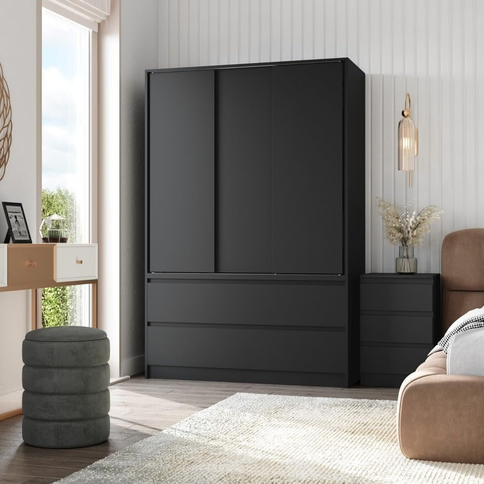 Black Sliding Door Wardrobe with 4 Drawers & Hanging Rail - Space Saver