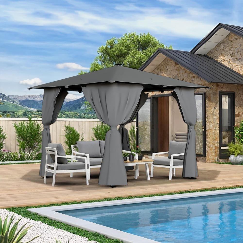 3x3M Metal Gazebo With Solar LED Lights & Curtains Outdoor Garden Patio Canopy