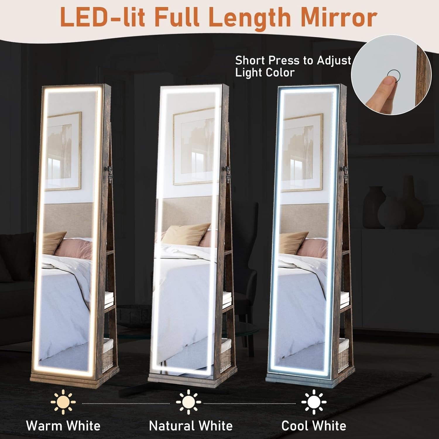 Rustic Brown 360° Swivel LED Jewelry Cabinet Mirror Lockable Storage