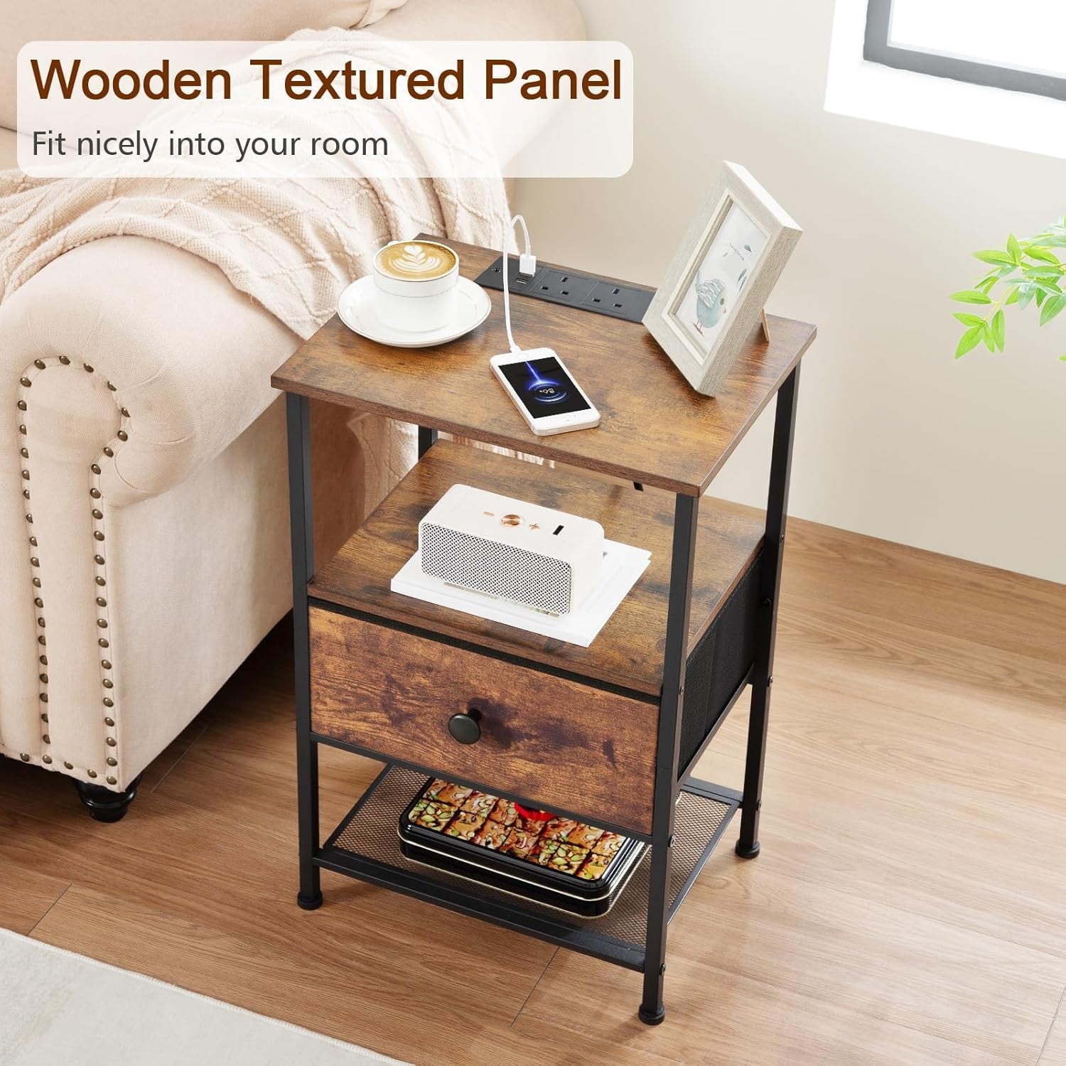 Set of 2 Bedside Tables with Charging Station, Fabric Drawer & Storage Shelf Bro