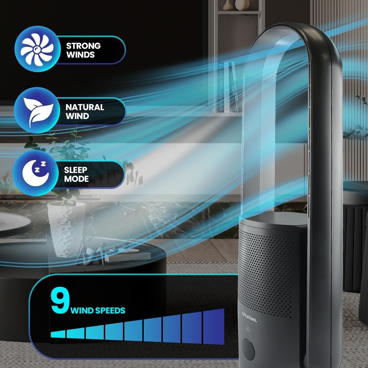 Bladeless Tower Fan 31-Inch Air Purifier 9-Speed Remote Control with HEPA Filter