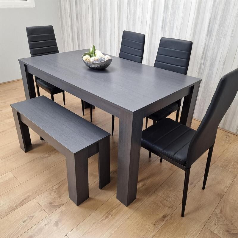 6 Seater Dark Grey Dining Table Set with 4 Chairs & Bench Faux Leather