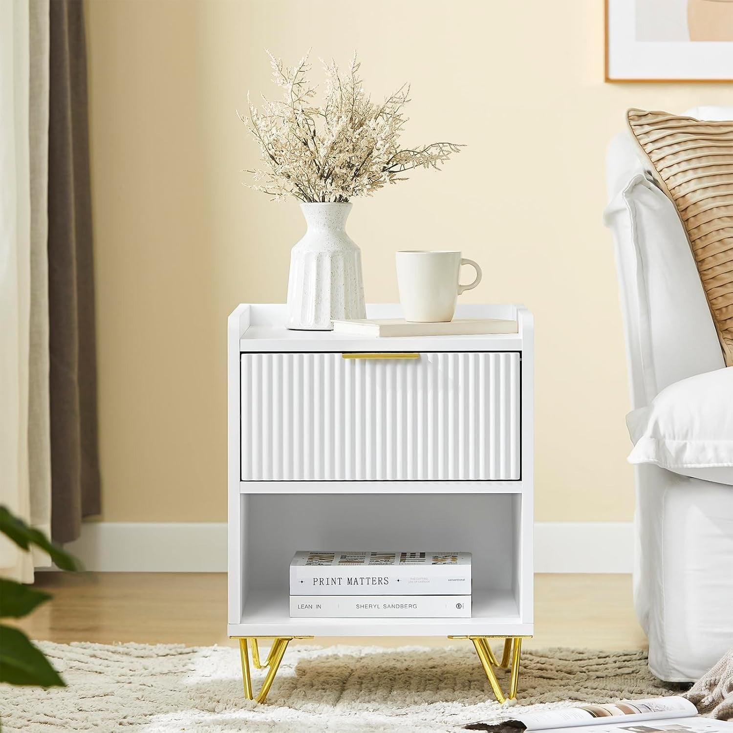White Bedside Table with Drawer & Shelf – Modern Gold Leg Nightstand