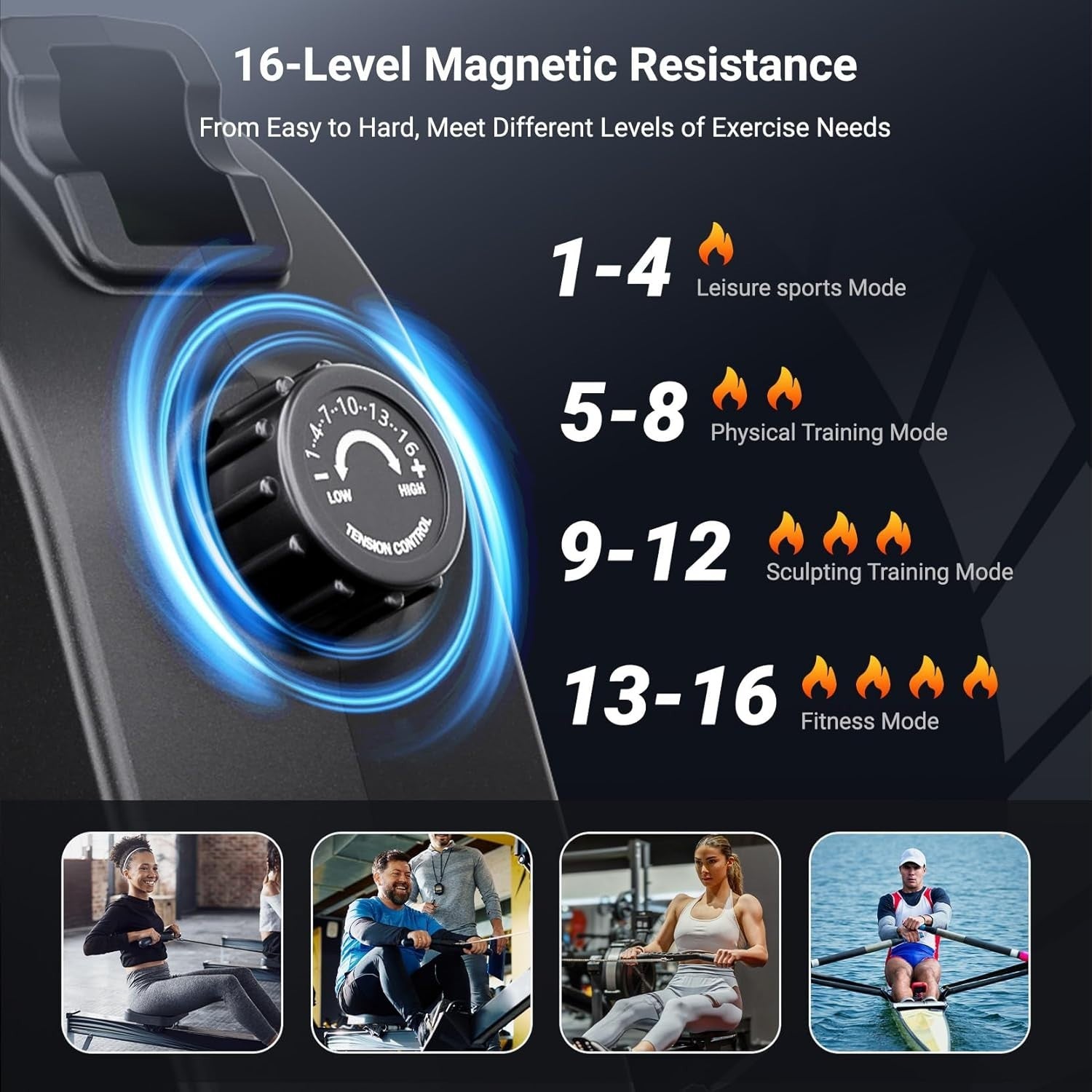 Rowing Machine 16-Level Quiet Resistance Bluetooth LCD Dual Rail 350LB
