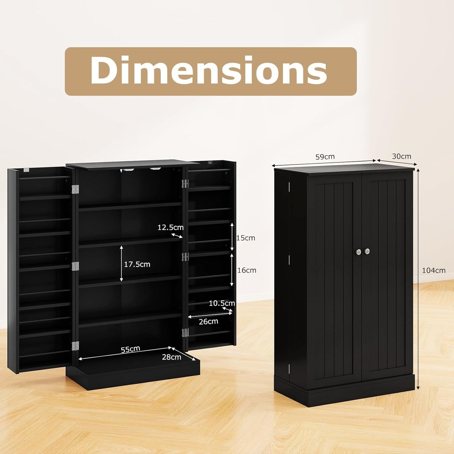 Small Black Pantry Cabinet with 2 Doors and 17 Shelves