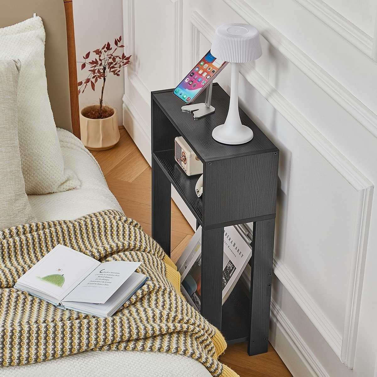 Black Slim Side Table with Shelves | 3-Tier Narrow Bedside & Sofa Table