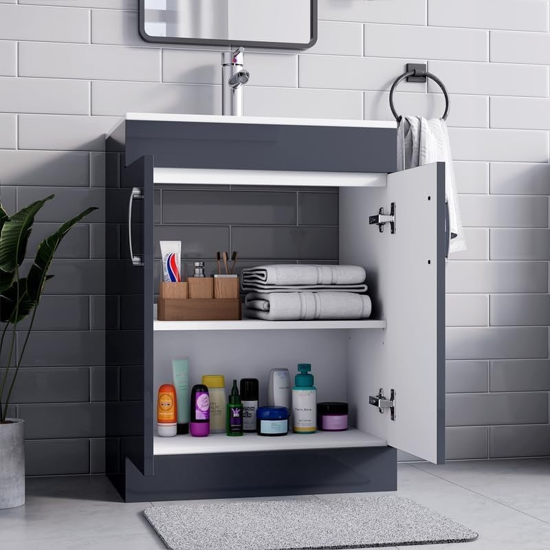 600mm Grey Under Sink Bathroom Vanity Unit with Basin Cupboard Storage Cabinet