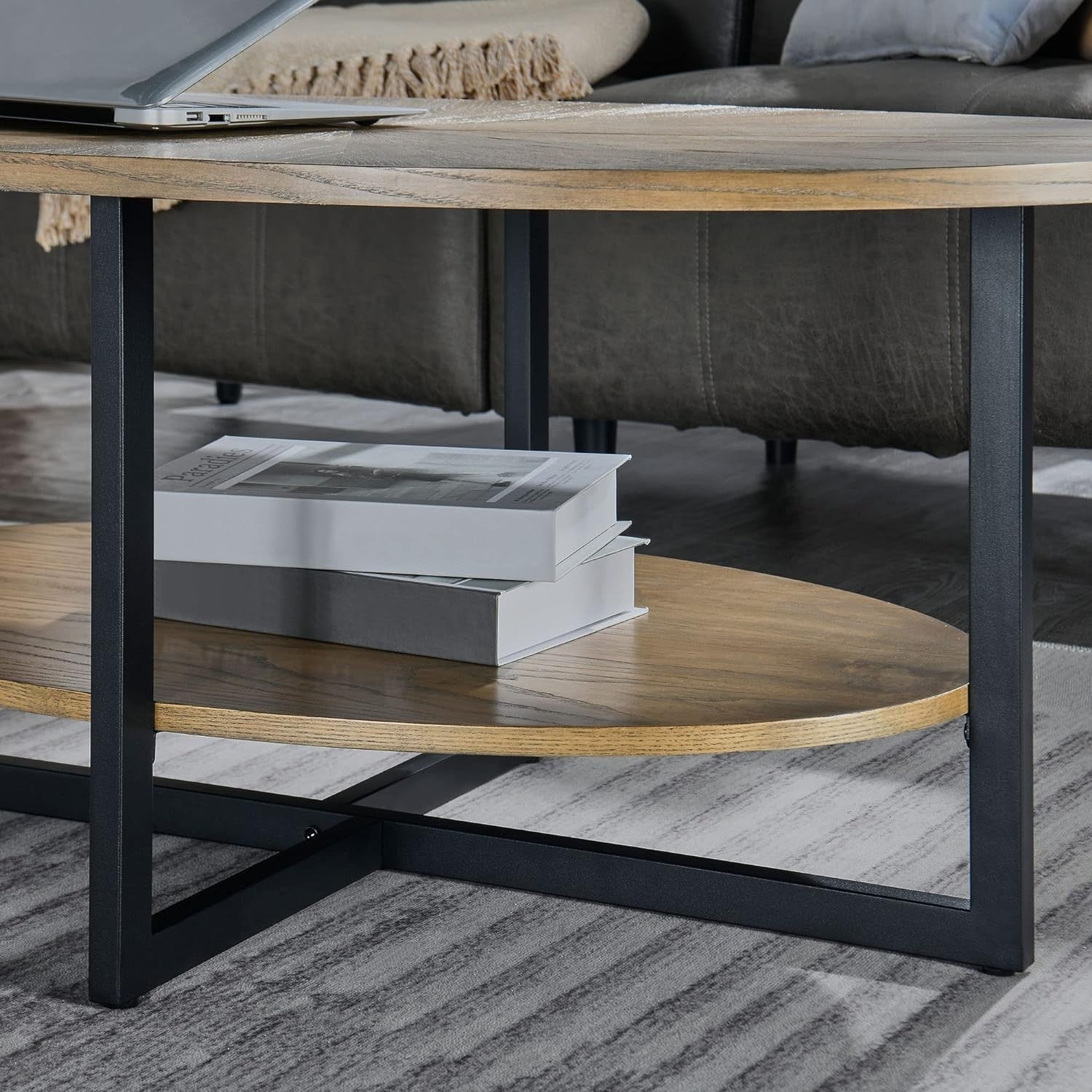 Rustic Brown Oval Coffee Table with Cross Metal Legs & 2-Tier Shelf 110cm
