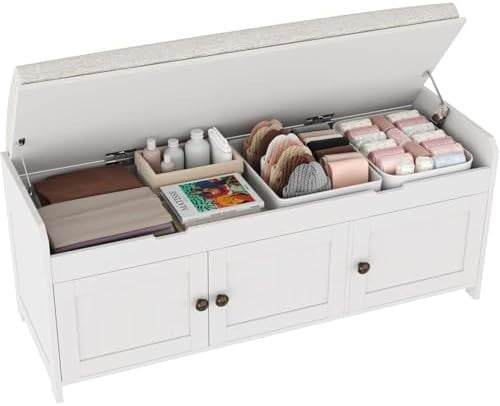 White Shoe Storage Bench with Cushion Seat 3-Door Cabinet & Hidden Compartment