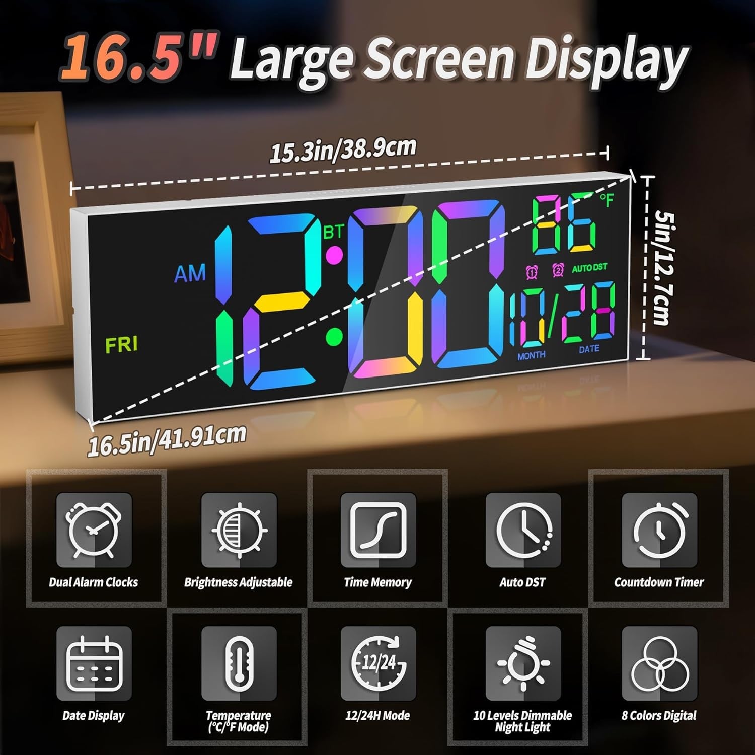 16.5" Large Digital Wall Clock RGB LED Display Temp Date Alarm Remote Sync
