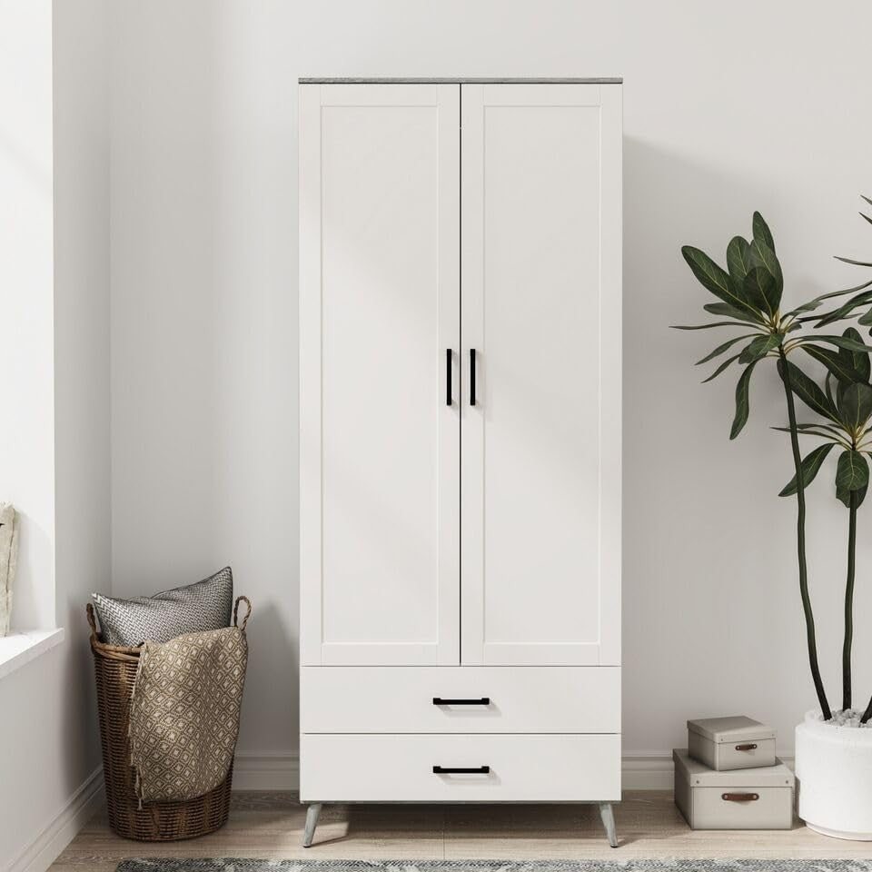 White 2 Door Wardrobe with Drawers & Rail – Slim Modern Bedroom Storage