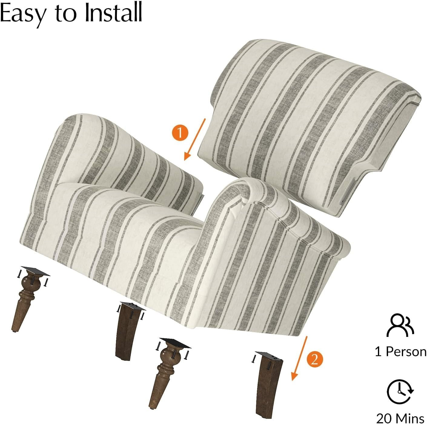 Set of 2 Upholstered Accent Armchairs Wood Legs Striped Chairs for Lounge