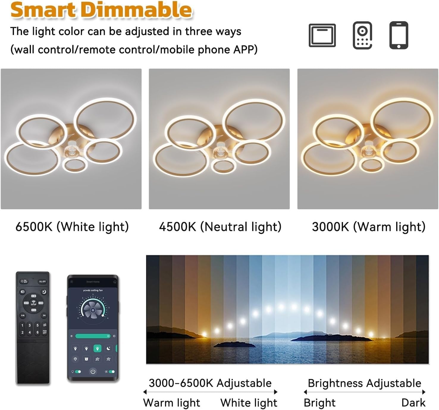 ycwdcz 100CM Smart Ceiling Fan with Light, Gold, 6-Speed, Remote, LED