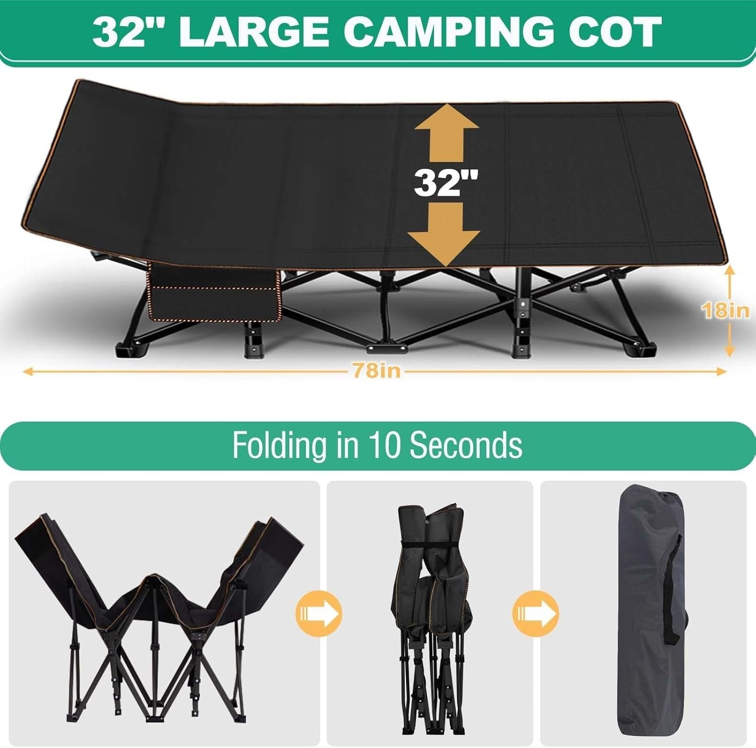 Heavy Duty Folding Camp Bed with Mattress, Extra Wide, Portable, 400KG Load