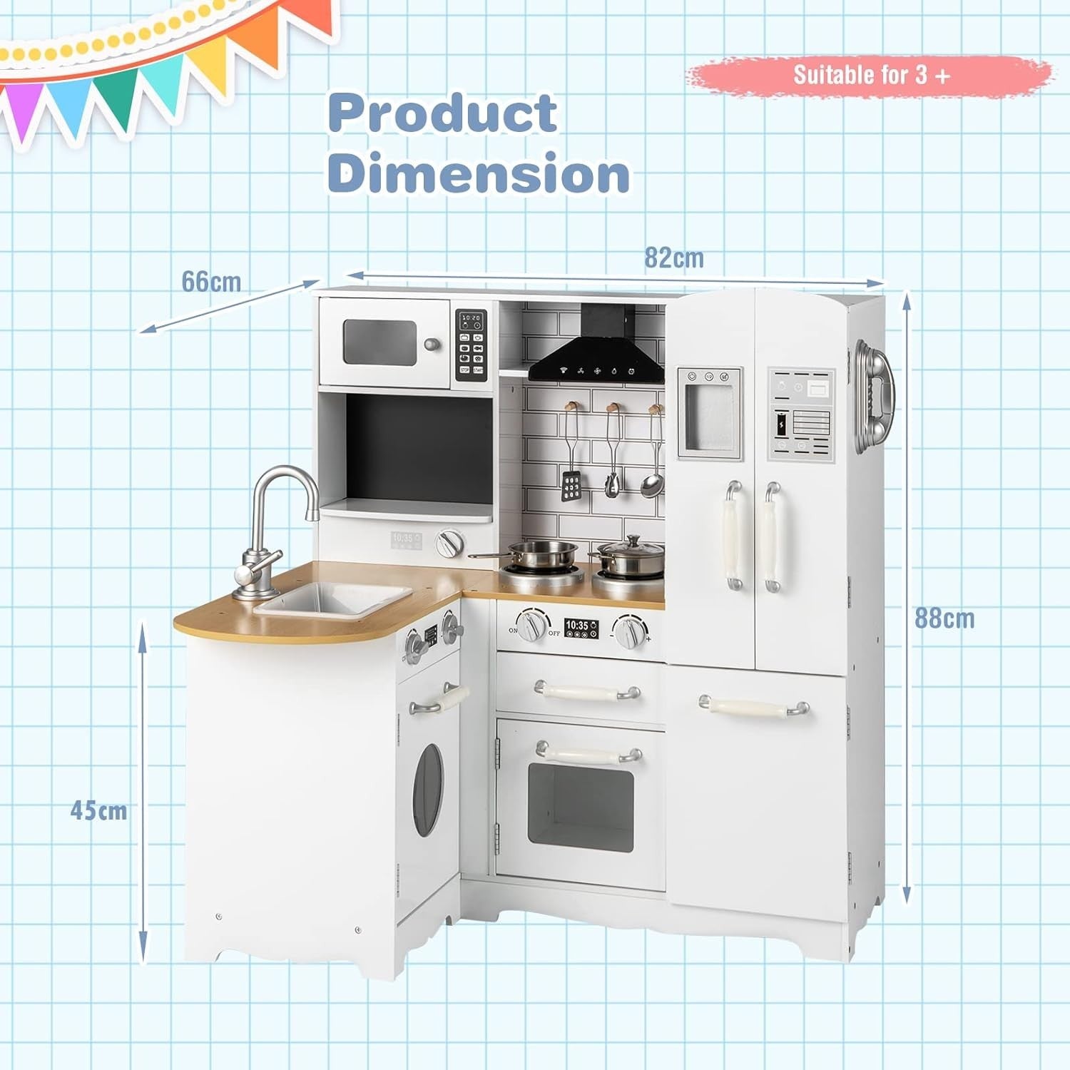 Kids Corner Wooden Play Kitchen White 11-in-1 Toy Cooking Set