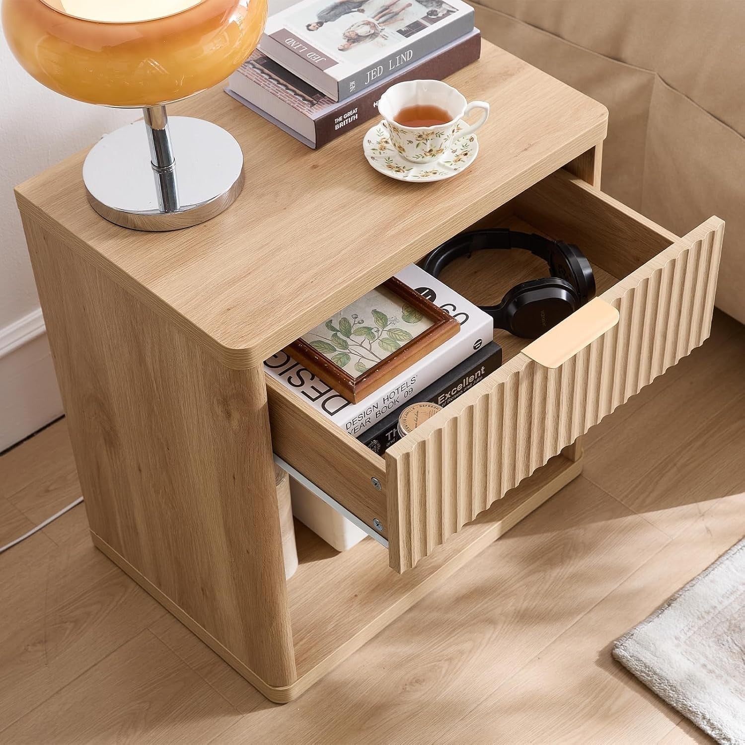 Natural Fluted Bedside Table with Drawer Modern Wood Nightstand Storage Unit