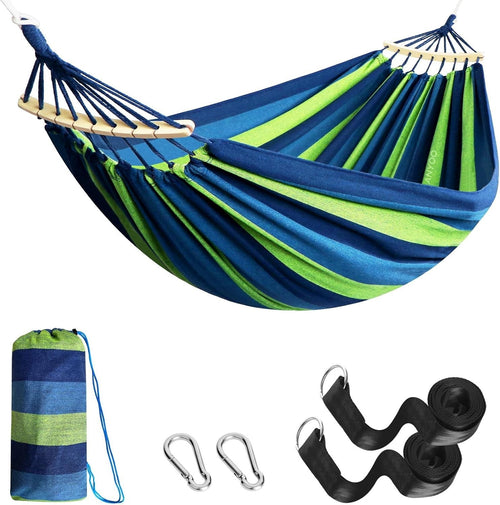 Outdoor Cotton Hammock with Spreader Bars & Tree Straps – Portable - Blue/Green