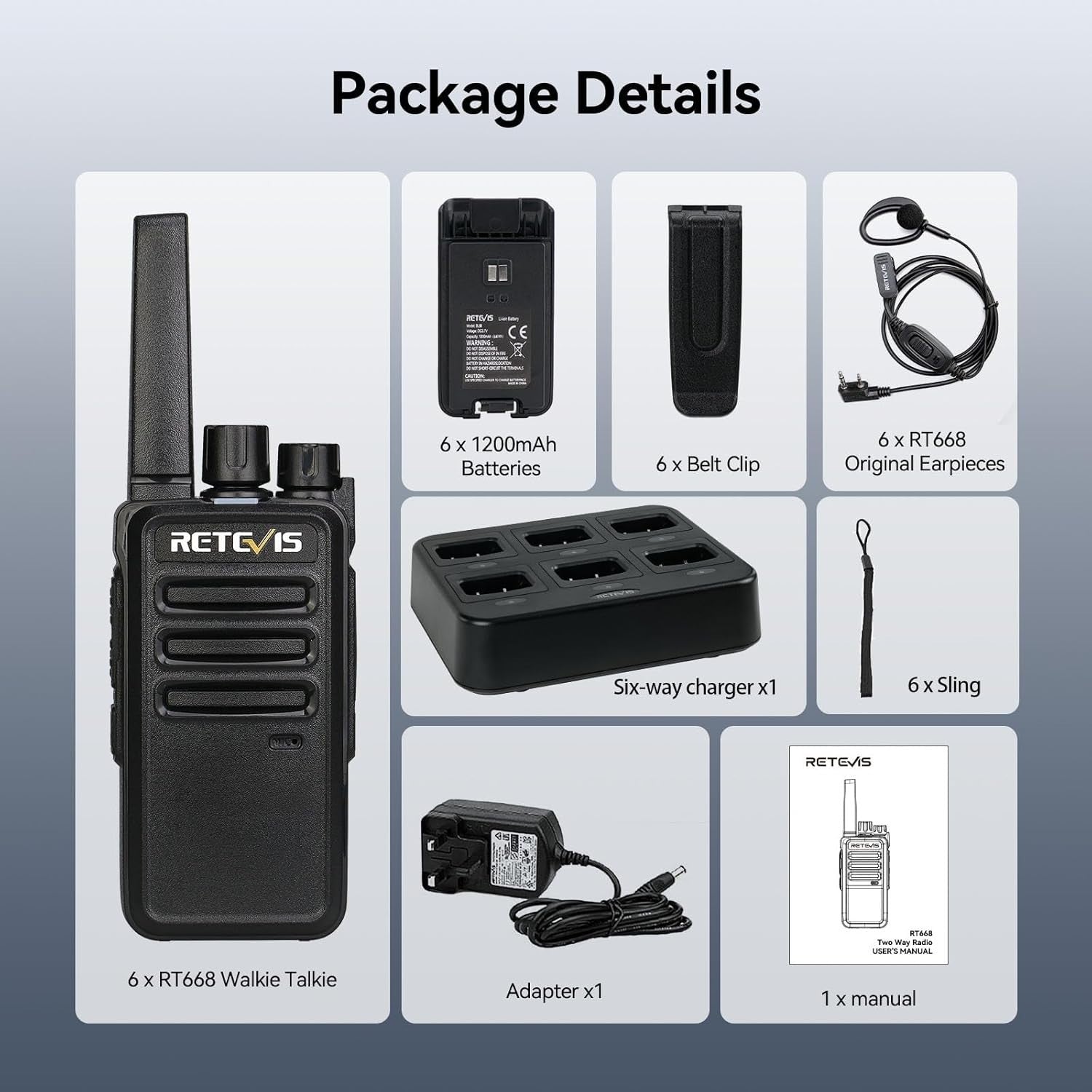 Rugged Walkie Talkies 6 Pack Long Range 2 Way Radio w/ Charger Earpiece