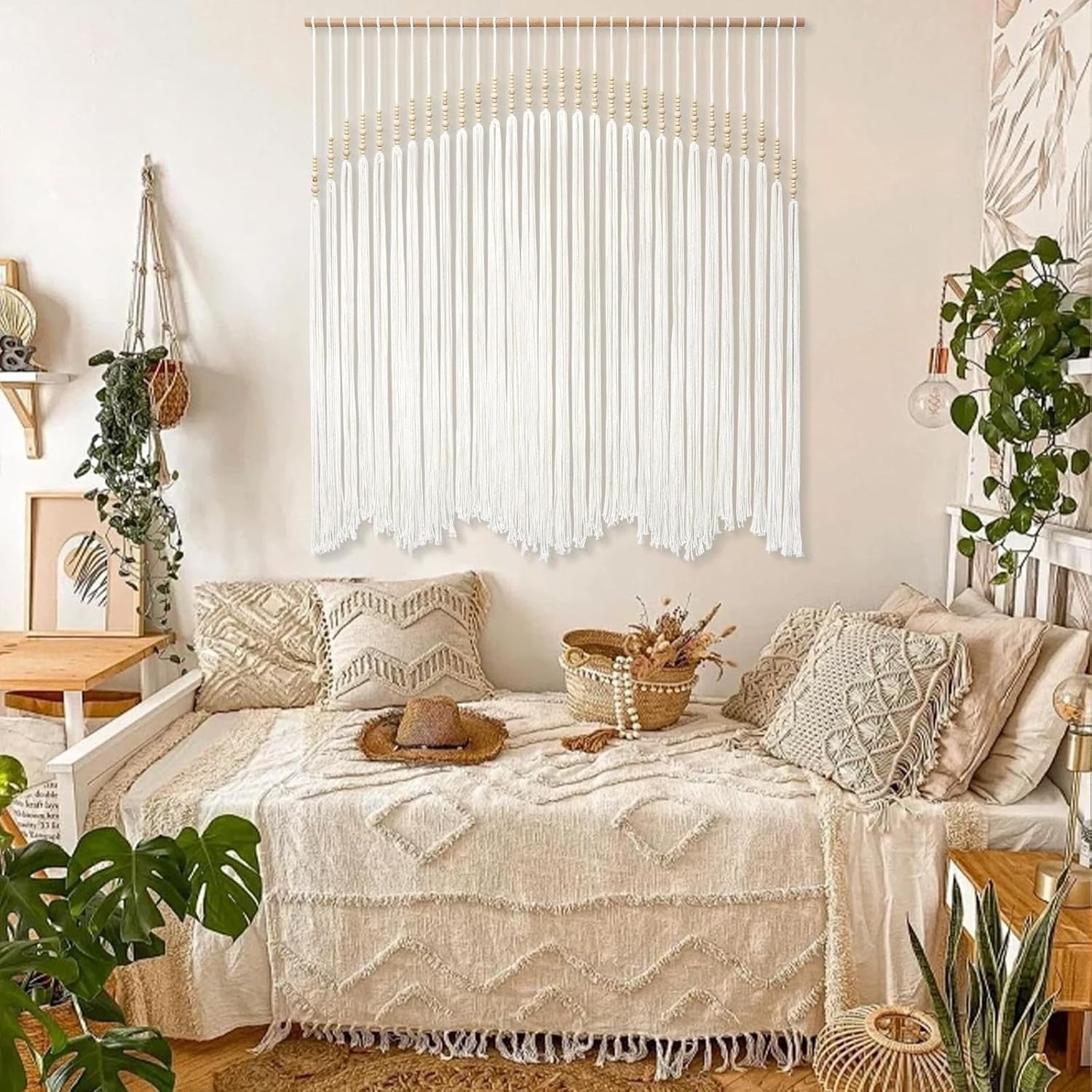 Beige Macrame Wall Hanging Large Boho Tapestry 42x33" Decor