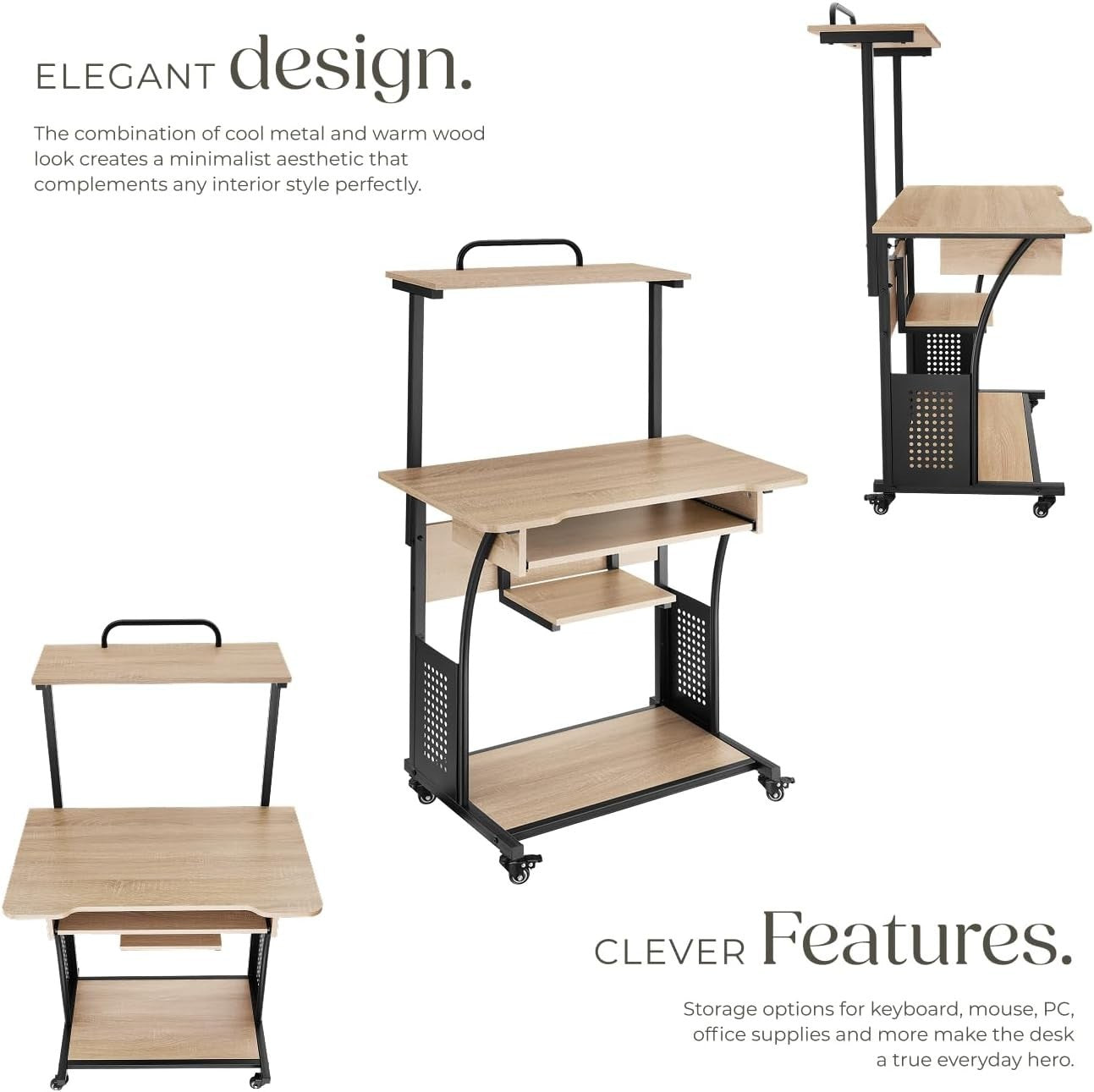 Mobile Computer Desk w/Wheels & Shelves, Compact 4-Tier Home Office Table