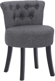 Dark Grey High-Back Dressing Table Chair, Comfy Linen Vanity Seat Wooden Legs