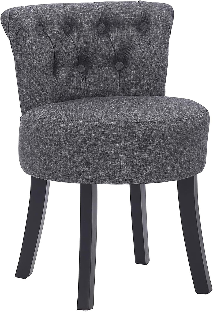 Dark Grey High-Back Dressing Table Chair, Comfy Linen Vanity Seat Wooden Legs