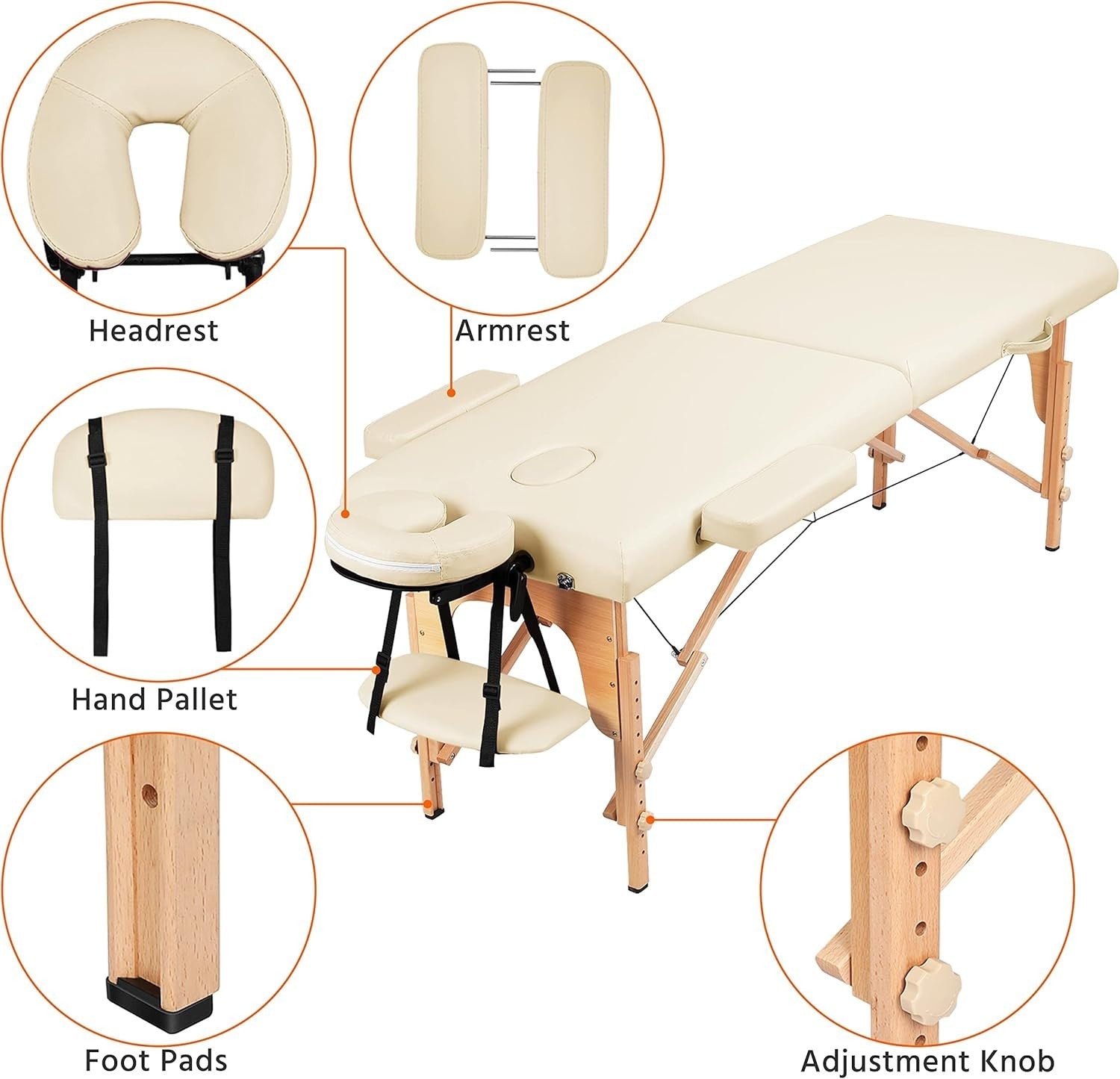 60cm Portable Massage Table | Foldable Wooden Cream Lash Beauty Bed 2-Section