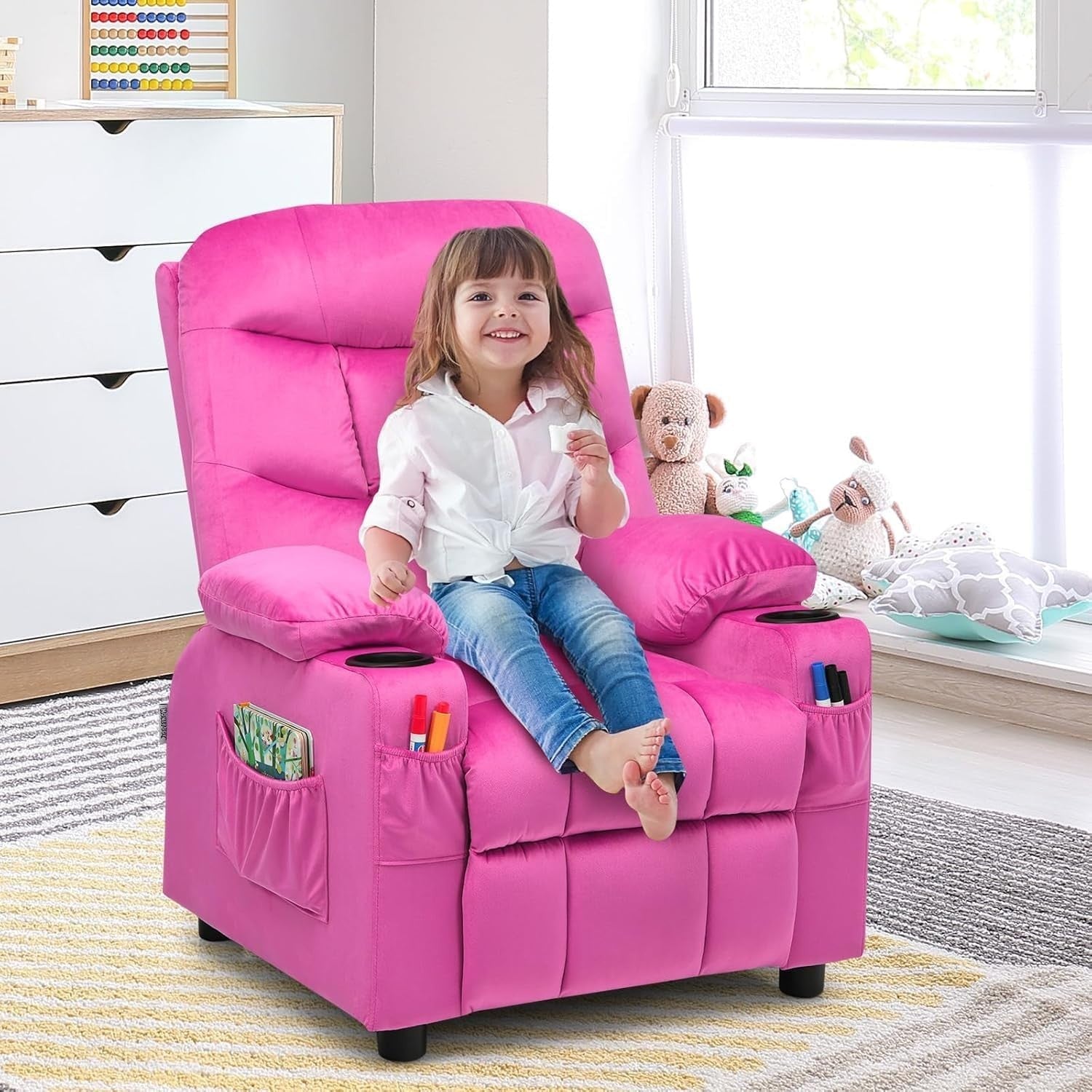 Pink  Adjustable Kids Recliner Chair with Footrest, Cup Holders & Side Pockets