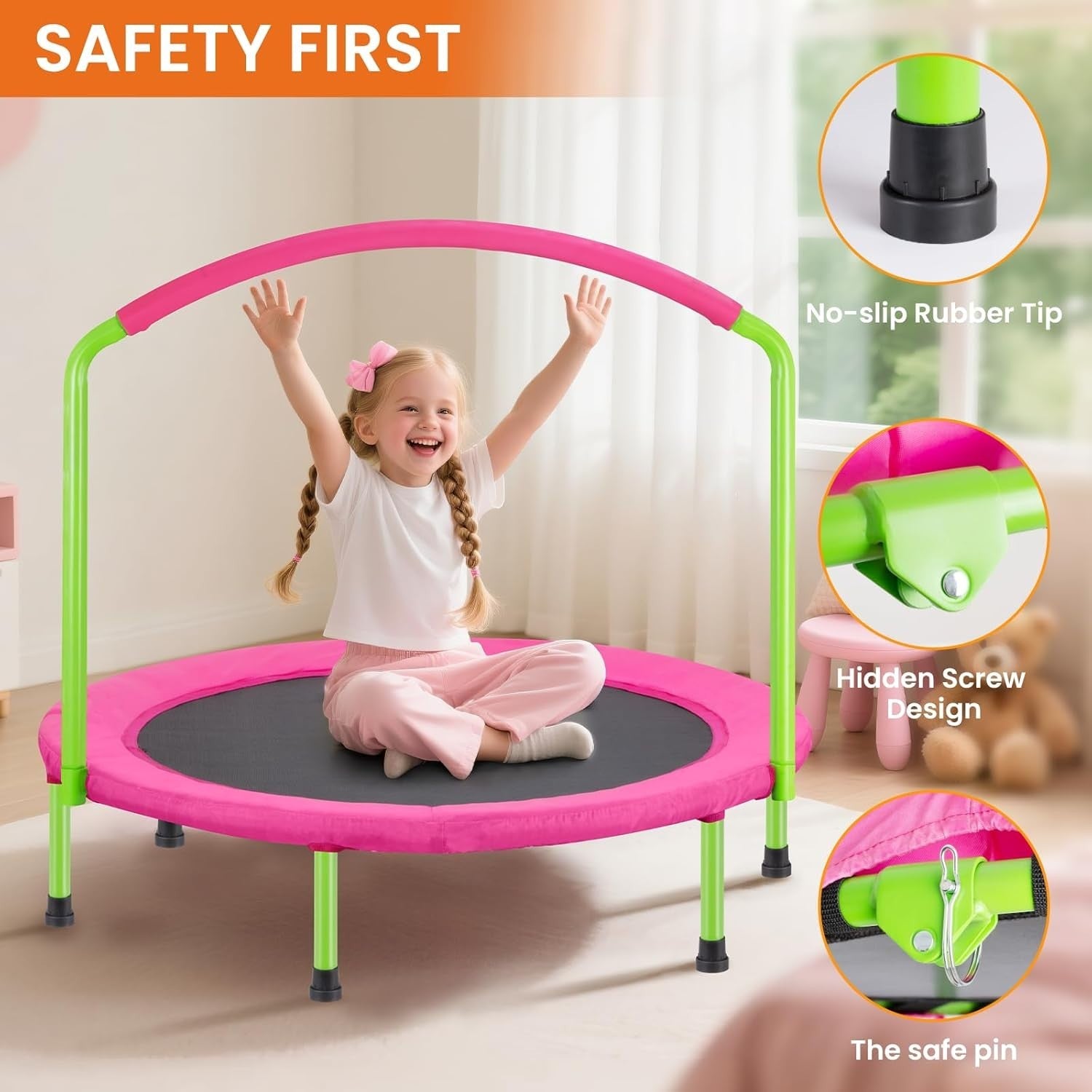 36” Pink Toddler Rebounder Trampoline Foldable Quiet Indoor Outdoor