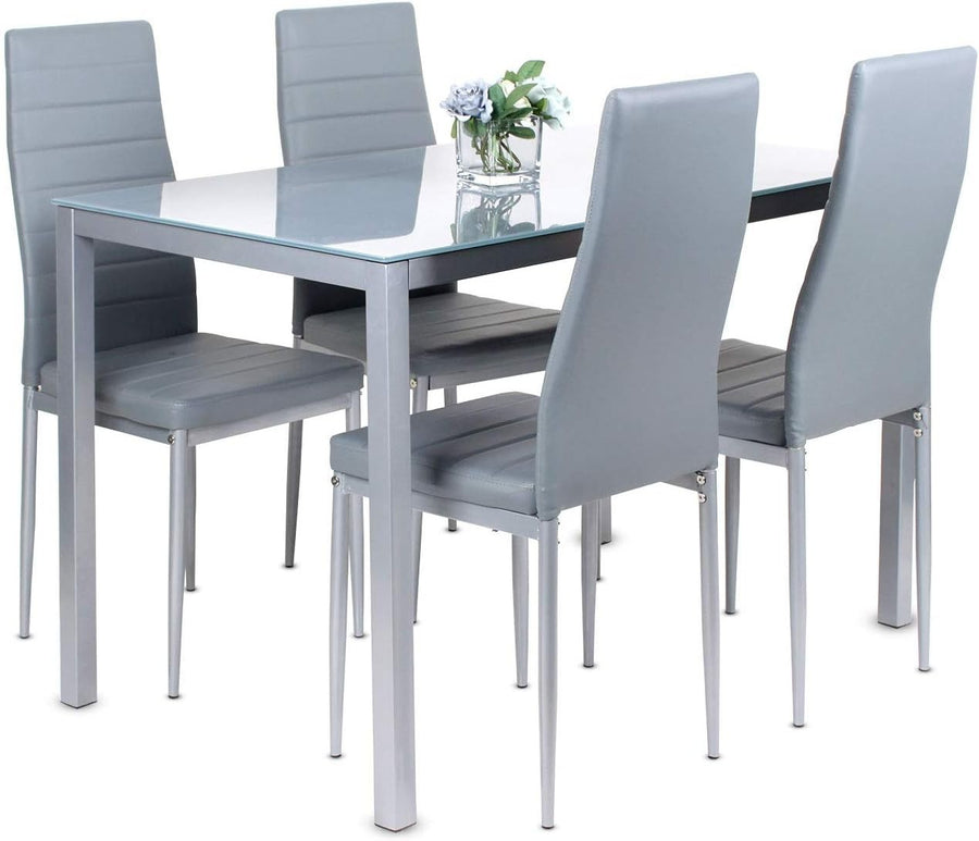 120cm Glass Dining Table & 4 Faux Leather Chairs Set Grey Modern Kitchen