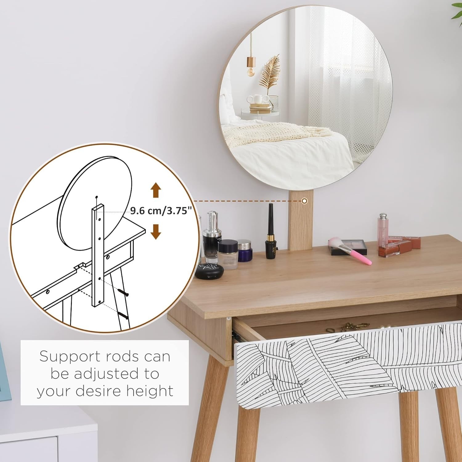 White Oak Small Vanity Dressing Table with Adjustable Mirror & Drawer Storage