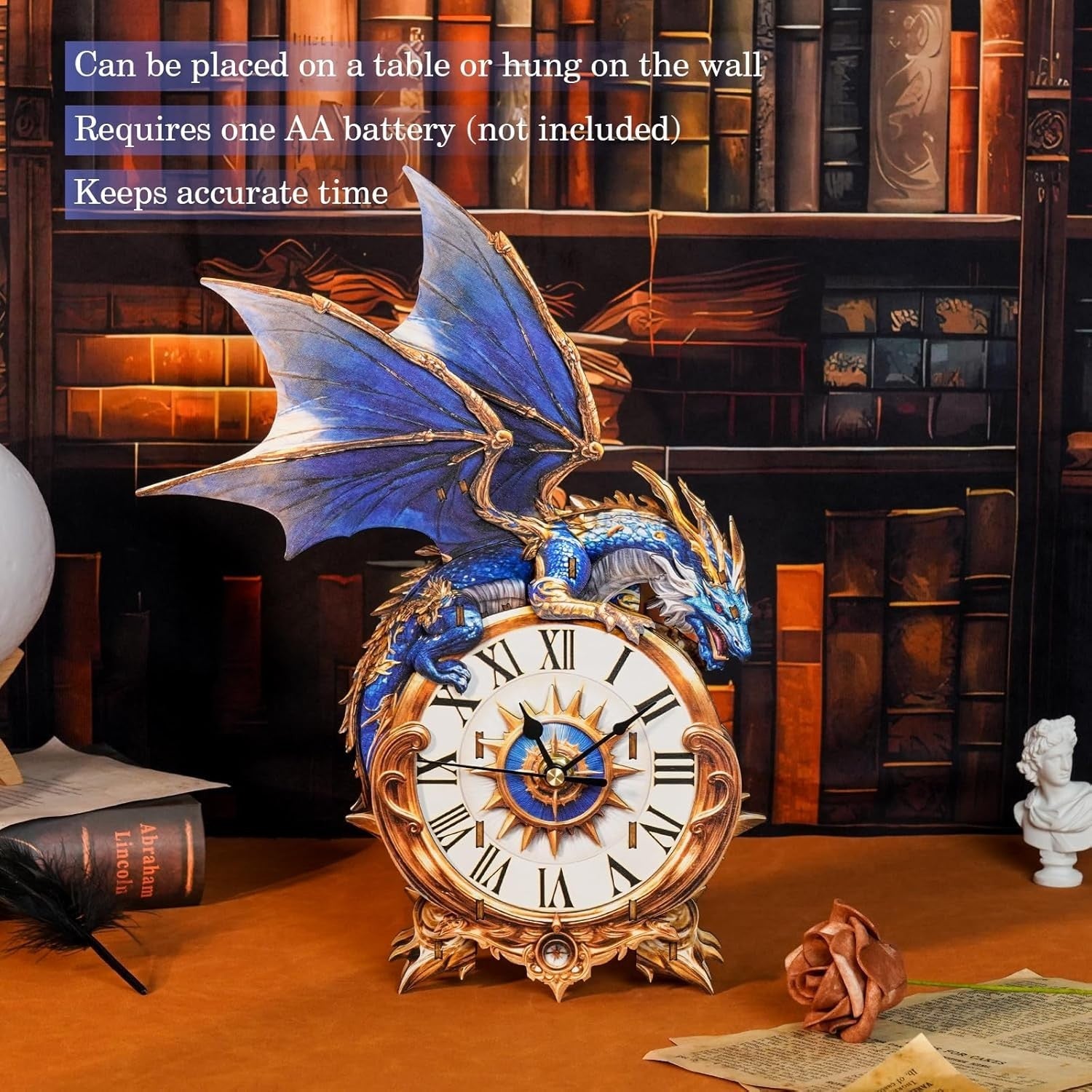 3D Wooden Blue Dragon Puzzle Clock DIY Kit for Home Decor 242x69x418mm