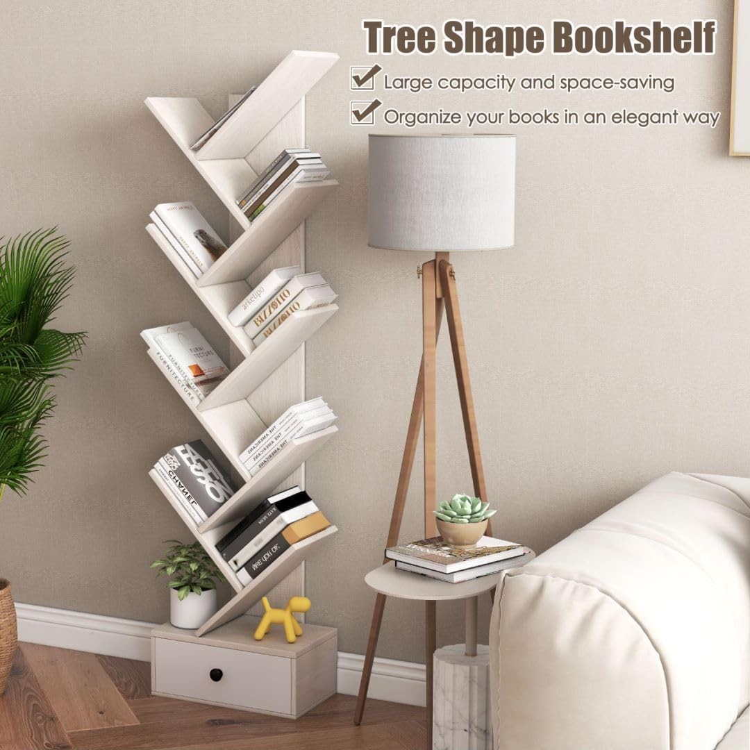 10-Tier Tree Bookshelf Floor Standing Wooden Bookcase with Drawer Storage